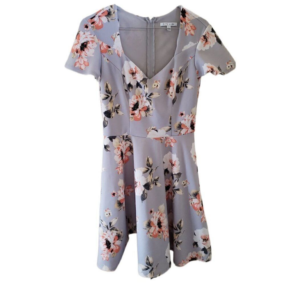 City Vibe Women's Gray Floral Short Sleeve Short Dress
